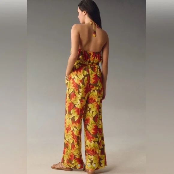 NWT FARM Rio Yellow/Red Multicolor Halter Floral Leaf Jumpsuit, Size XL - Picture 4 of 4